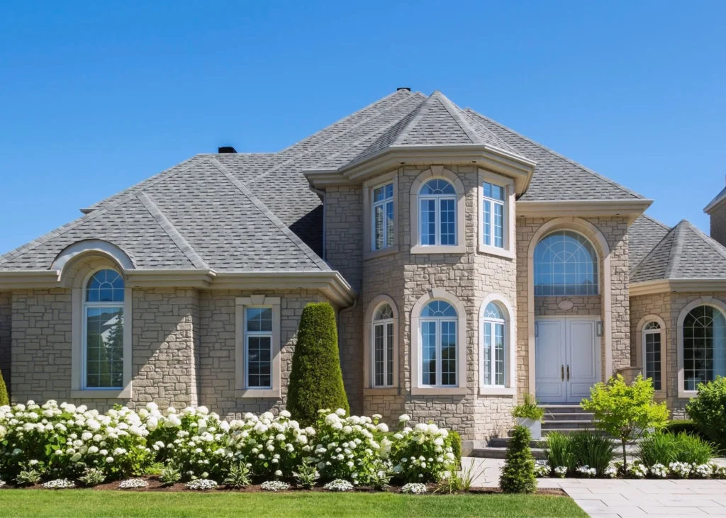 Luxurious residential home with peaked roofs